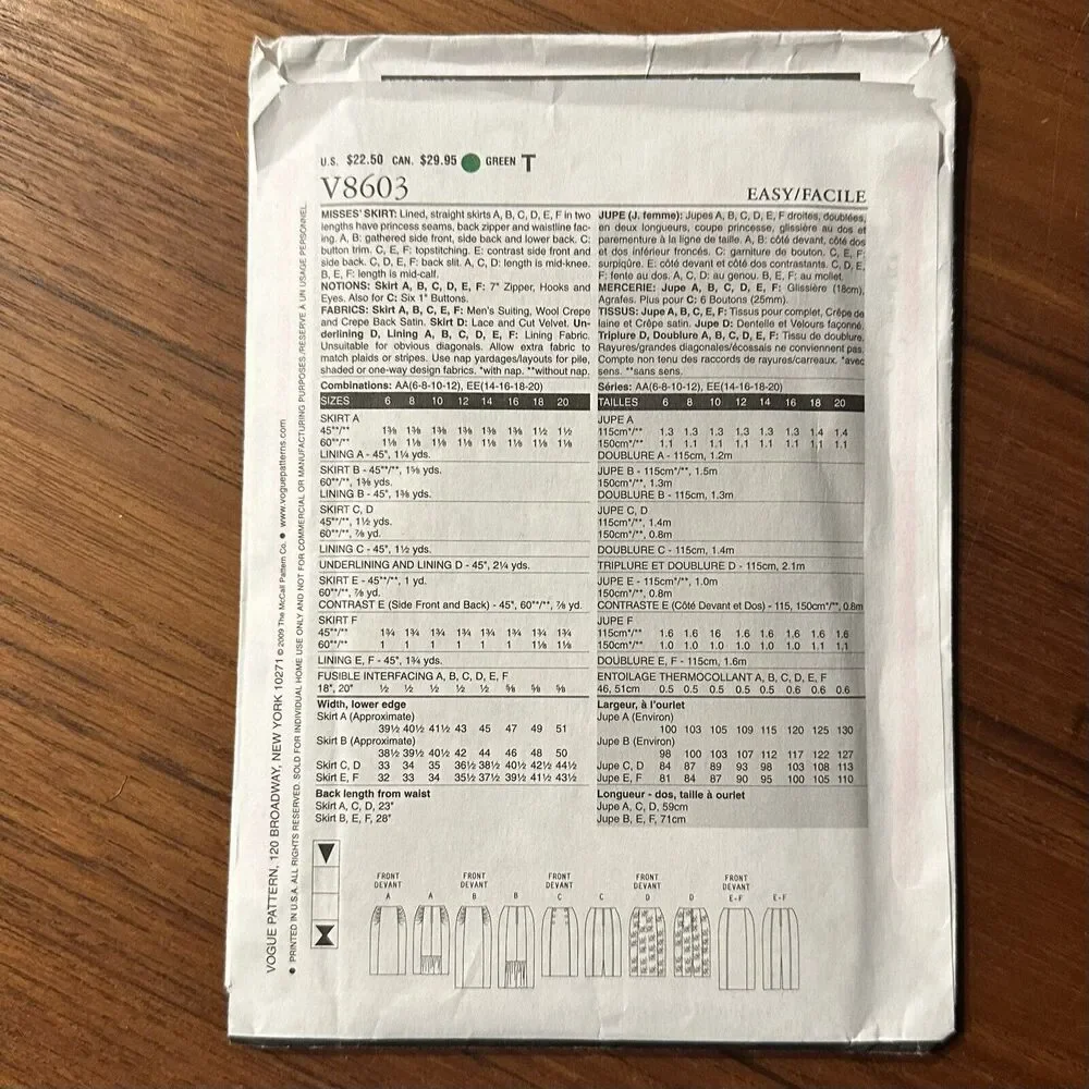 NEW Vogue # V8603 Options Skirts with variations Pattern Sz: 14-20 UC